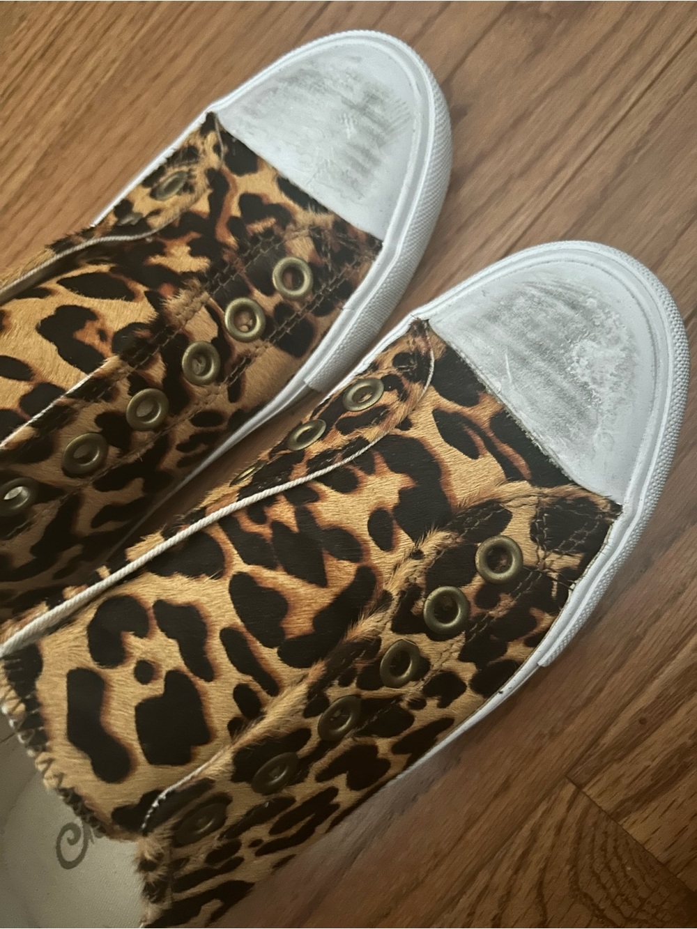 Naughty Monkey Cowhide Leopard Print Slip-On Sneakers with White Toecaps